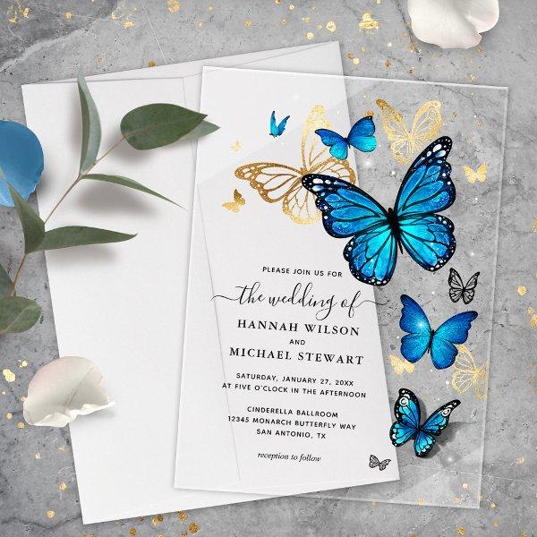 Elegant Watercolor Gold and Blue Butterfly Wedding Acrylic