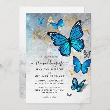 Elegant Watercolor Gold Blue Butterfly Wedding