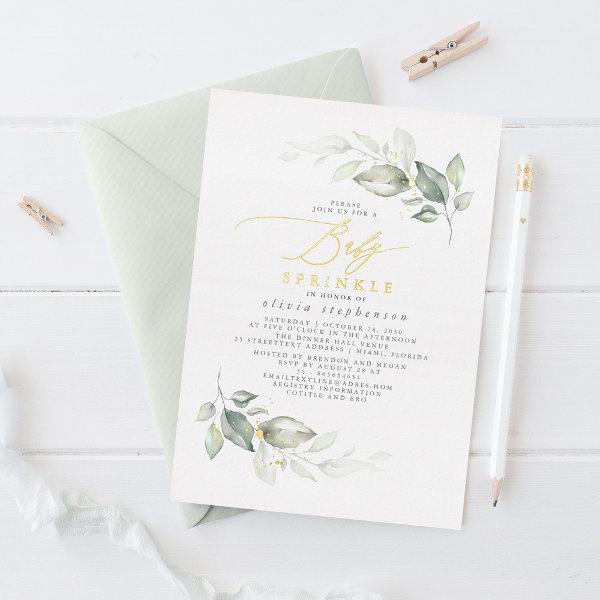 Elegant Watercolor Greenery and Gold Baby Sprinkle Foil
