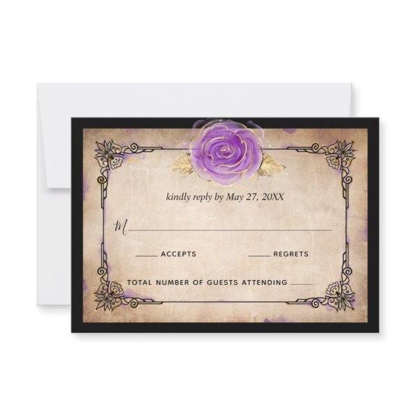 Elegant Watercolor Rose Rustic Gold Purple Wedding RSVP Card