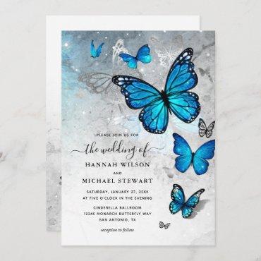 Elegant Watercolor Silver Blue Butterfly Wedding