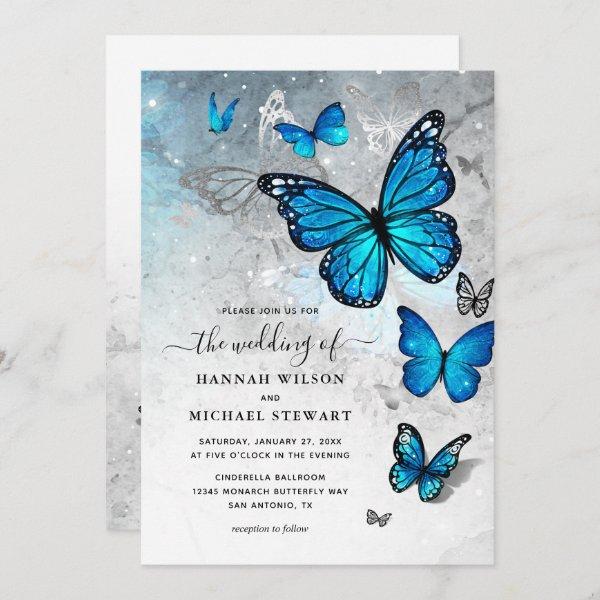 Elegant Watercolor Silver Blue Butterfly Wedding