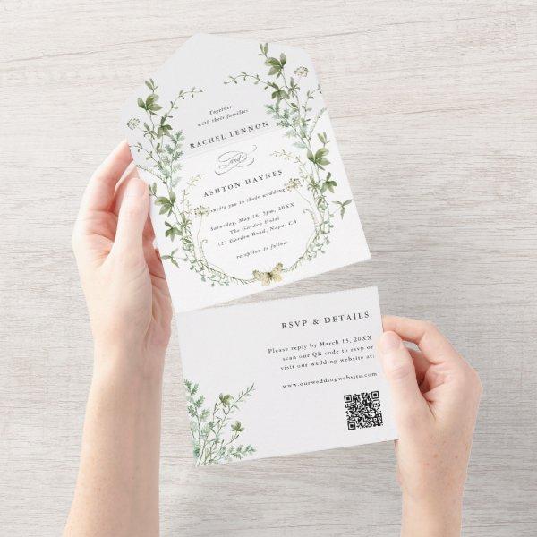 Elegant Watercolor Wildflower QR Code Wedding All In One