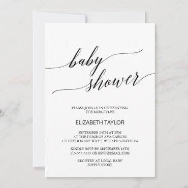 Elegant White and Black Calligraphy Baby Shower Invitation