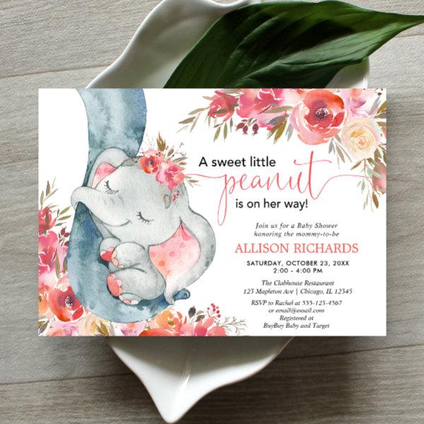 Elephant baby shower girl coral floral watercolos
