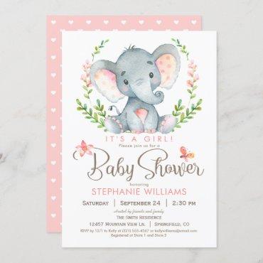 Elephant Baby Shower, Girl Invitation