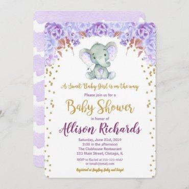 Elephant baby shower invitation girl purple gold