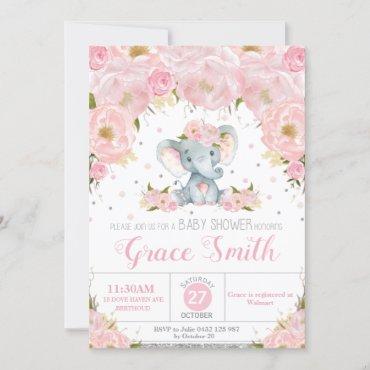 Elephant Blush Floral Baby Shower Silver Glitter  Invitation