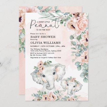 Elephant Blush Pink Floral Greenery Baby Shower Invitation