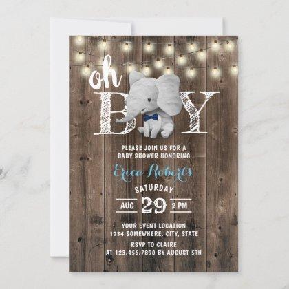 Elephant Boy Rustic Barn Wood Baby Shower Invitation