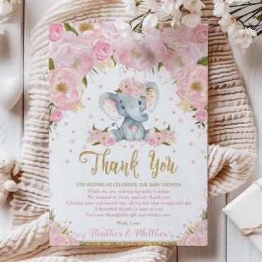 Elephant Floral Baby Shower Thank You Card Girl