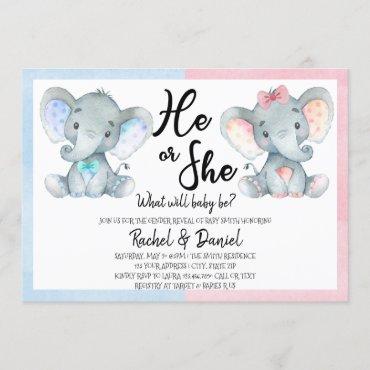 Elephant Gender Reveal He or She Blue Pink Invitation