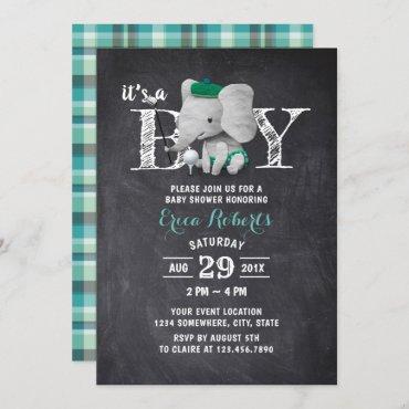 Elephant Golf Boy Rustic Chalkboard Baby Shower Invitation