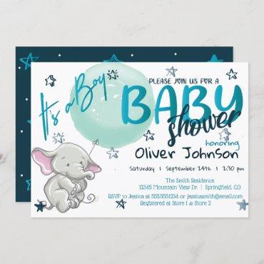 Elephant Illustration Baby Shower Boy