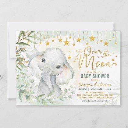 Elephant Moon & Stars Greenery Baby Shower Invitation