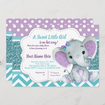 Elephant Purple Teal Invitation Card Baby Shower