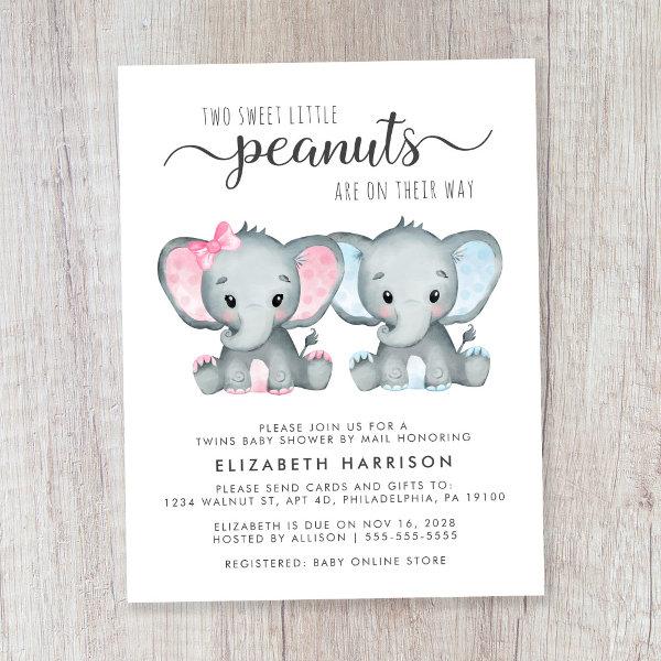 Elephant Twin Boy Girl Baby Shower By Mail Invite