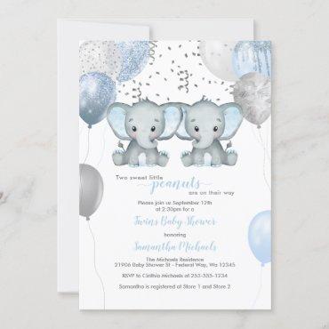 Elephant Twin Boys Balloon Baby Shower Invitation