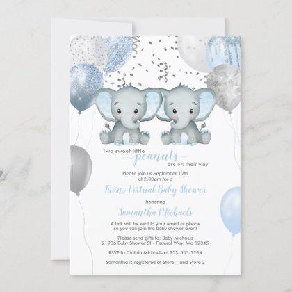 Elephant Twin Boys Balloon Virtual Baby Shower Invitation