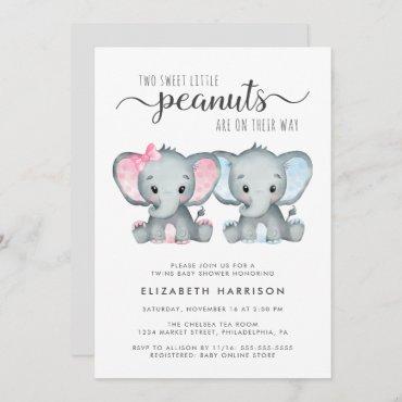 Elephant Twin Girl Boy Baby Shower Invitation