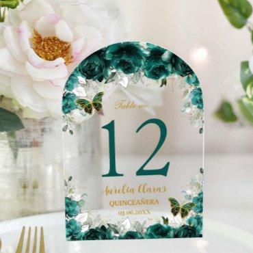 Emerald Floral Gold Quinceañera XV 16 Table Number