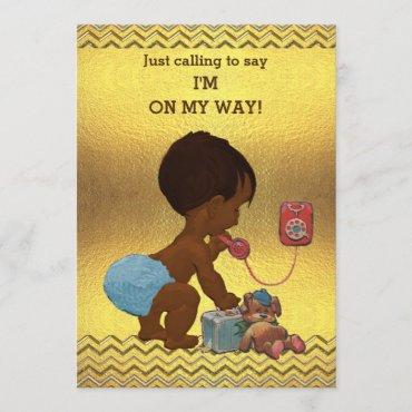 Ethnic Boy on Phone Baby Shower Gold Chevrons