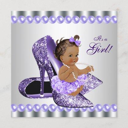 Ethnic Girl Purple Gray High Heel Shoe Baby Shower Invitation