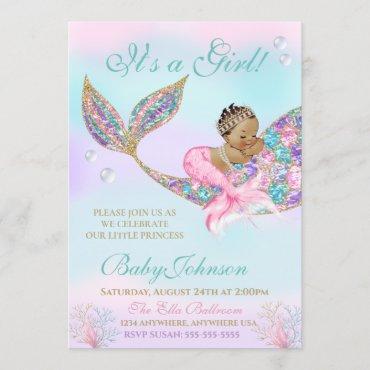 Ethnic Mermaid Baby SHower Glitter Tail Invitation