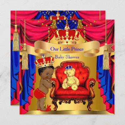 Ethnic Prince Baby Shower Gold Bear Red Blue Invitation