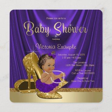 Ethnic Purple Ballerina Gold Shoe Baby Shower Invitation