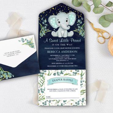 Eucalyptus Greenery Elephant Navy Blue Baby Shower All In One