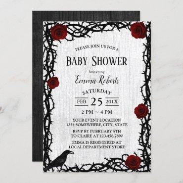 Fairtale Baby Shower Red Rose & Thorn Rustic Wood Invitation