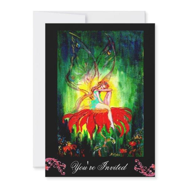 FAIRY DREAMING ON A RED FLOWER black yellow green