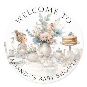 Fairy Tea Party Floral Welcome Baby Girl Shower Classic Round Sticker