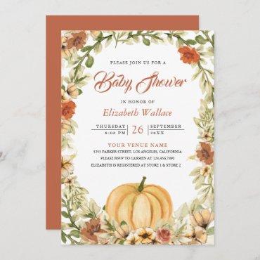 Fall Autumn Earthy Floral Pumpkin Baby Shower Invitation