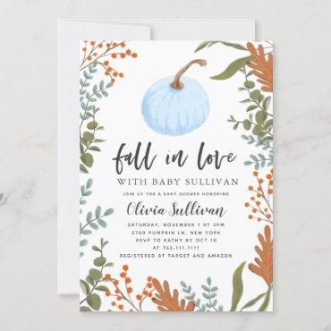 Fall in Love Blue Pumpkin Baby Shower Invitation