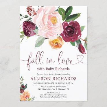 Fall in love fall floral burgundy girl baby shower invitation