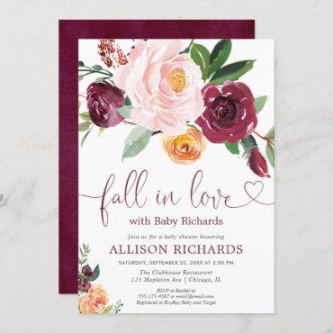 Fall in love fall floral burgundy girl baby shower invitation