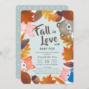 Fall in Love Woodland Animals Blue Baby Shower Invitation