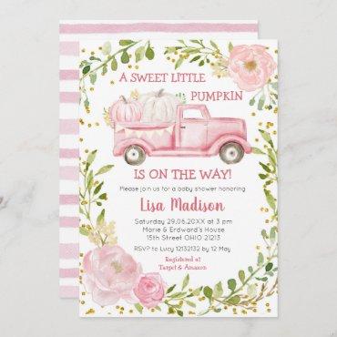 Fall Pink Pumpkin Truck Baby Shower Girl Invitation
