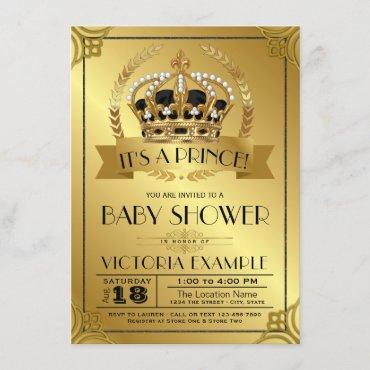 Fancy Black Gold Prince Baby Shower Invitations