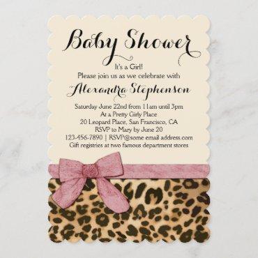 Fancy Leopard Pink Bow Girl Baby Shower Invitation