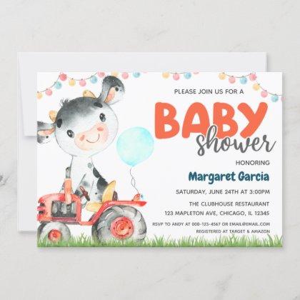 Farm Animal Boy Cow Baby Shower Invitation