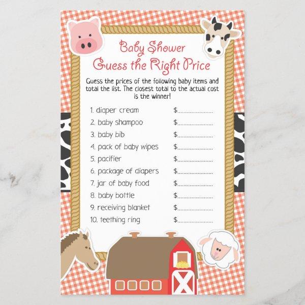 Farm Animals Baby Shower Guess Right Price Game