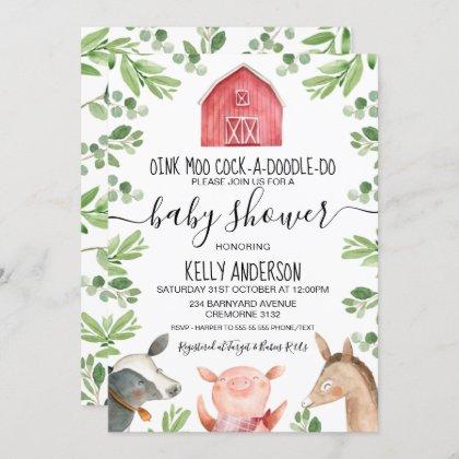 Farm Animals Foliage Baby Shower Invitation