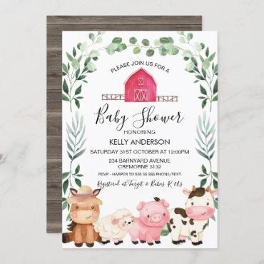 Farm Animals Foliage Wreath Baby Shower Invitation