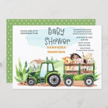   Farm Animals Green Tractor Boys Baby Shower     Invitation
