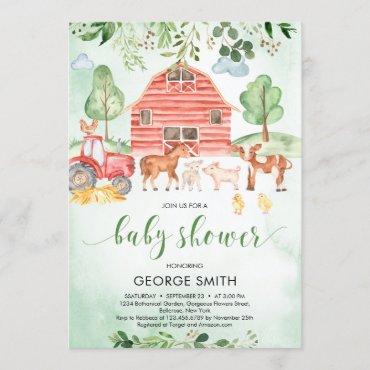 Farm animals theme greenery leaves Boy Baby Shower Invitation