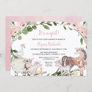 Farm animals watercolor floral girl baby shower invitation