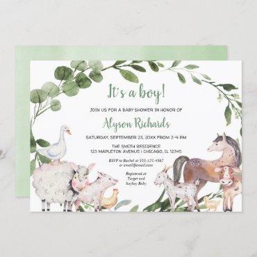 Farm animals watercolor greenery boy baby shower invitation